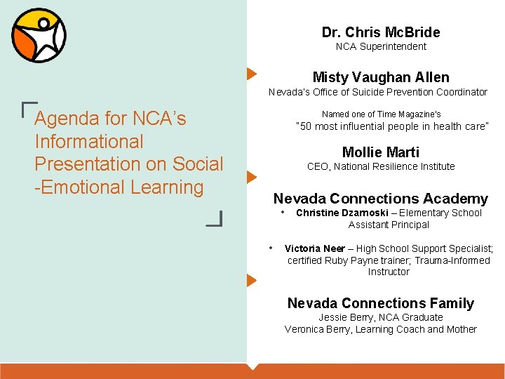 Dr. Chris Mc. Bride NCA Superintendent Misty Vaughan Allen Nevada’s Office of Suicide Prevention