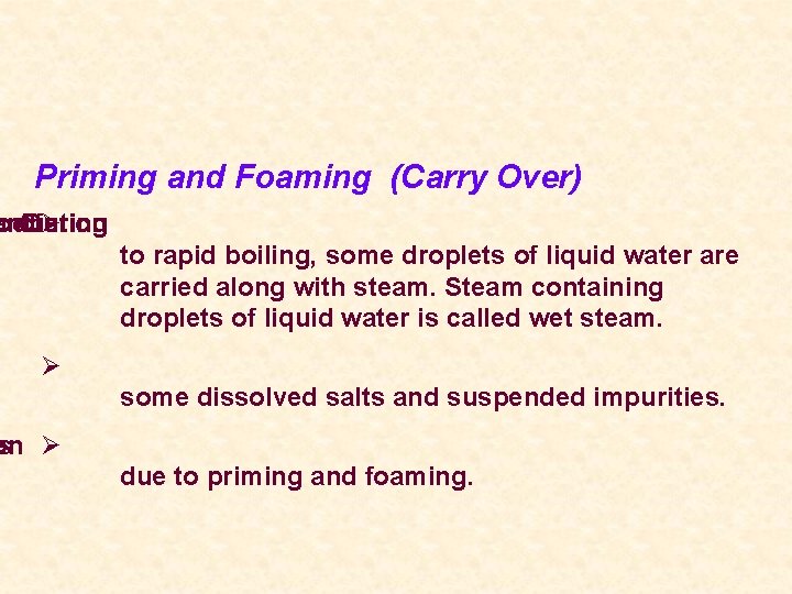 Priming and Foaming (Carry Over) am oduction of the During Ø to rapid boiling,