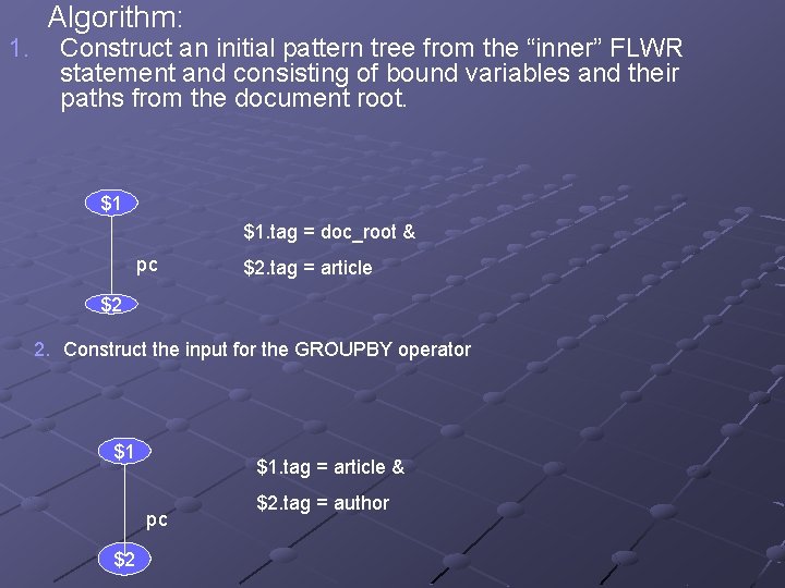 1. Algorithm: Construct an initial pattern tree from the “inner” FLWR statement and consisting