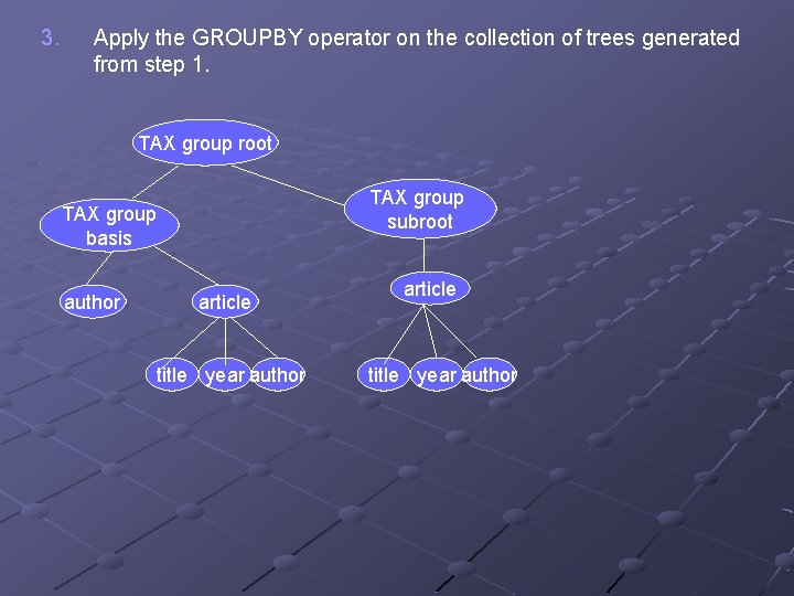 3. Apply the GROUPBY operator on the collection of trees generated from step 1.