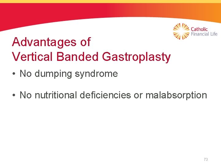 Advantages of Vertical Banded Gastroplasty • No dumping syndrome • No nutritional deficiencies or