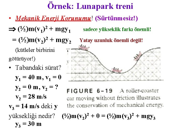 Örnek: Lunapark treni • Mekanik Enerji Korunumu! (Sürtünmesiz!) (½)m(v 1)2 + mgy 1 =