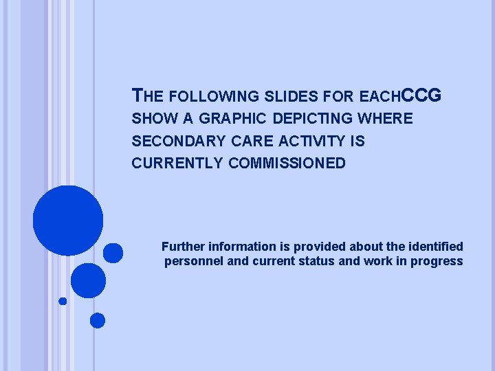 THE FOLLOWING SLIDES FOR EACHCCG SHOW A GRAPHIC DEPICTING WHERE SECONDARY CARE ACTIVITY IS