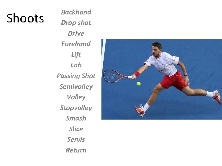 Shoots Backhand Drop shot Drive Forehand Lift Lob Passing Shot Semivolley Volley Stopvolley Smash