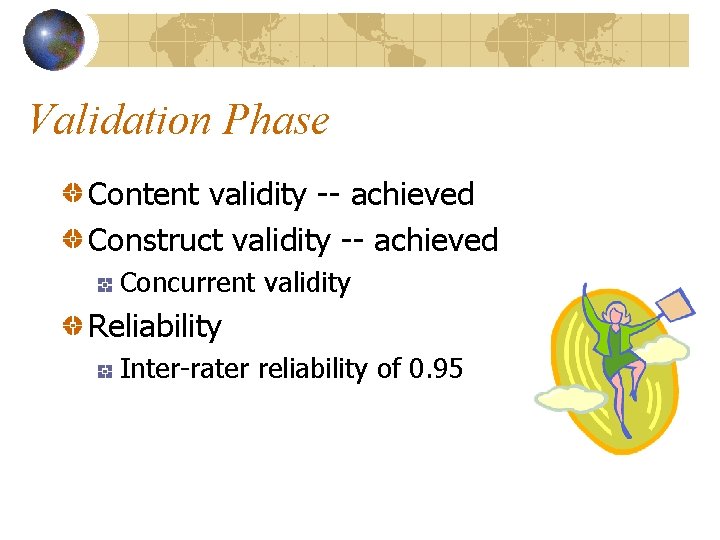 Validation Phase Content validity -- achieved Construct validity -- achieved Concurrent validity Reliability Inter-rater