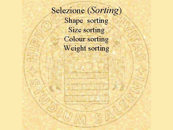 Selezione (Sorting) Shape sorting Size sorting Colour sorting Weight sorting 