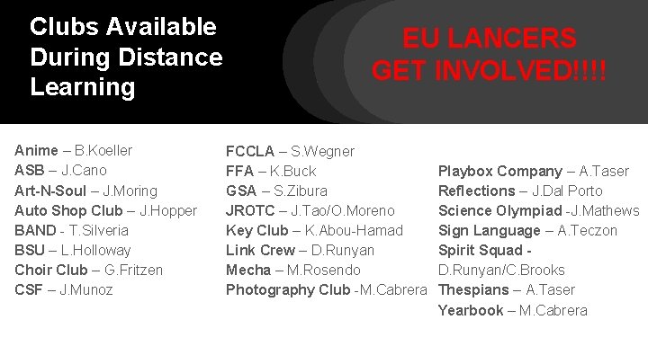 Clubs Available During Distance Learning Anime – B. Koeller ASB – J. Cano Art-N-Soul