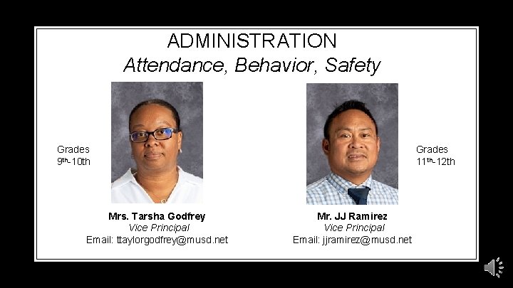 ADMINISTRATION Attendance, Behavior, Safety Grades 9 th-10 th Mrs. Tarsha Godfrey Vice Principal Email: