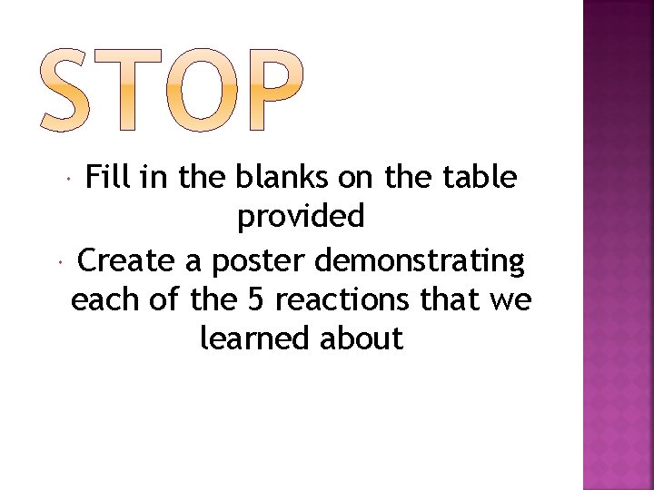 Fill in the blanks on the table provided Create a poster demonstrating each of