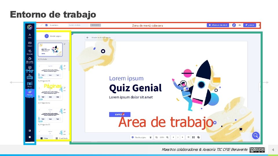 Entorno de trabajo Zona de menú cabecera He rra mi en tas Páginas Área