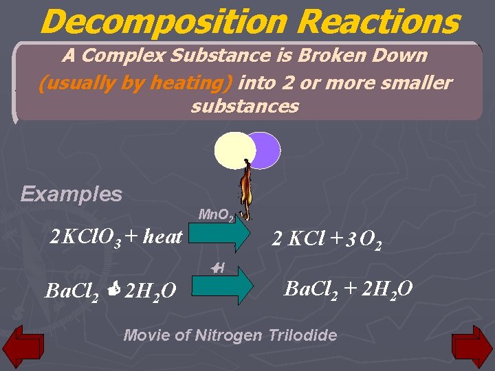Decomposition Reactions A Complex Substance is Broken Down (usually by heating) into 2 or