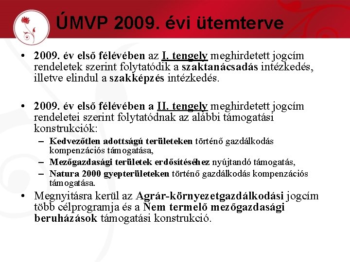 ÚMVP 2009. évi ütemterve • 2009. év első félévében az I. tengely meghirdetett jogcím