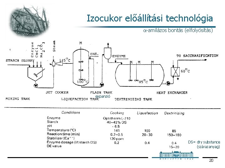 Izocukor előállítási technológia amilázos bontás (elfolyósítás) expanzió DS= dry substance (szárazanyag) 20 Izocukor előállítási technológia amilázos bontás (elfolyósítás) expanzió DS= dry substance (szárazanyag) 20