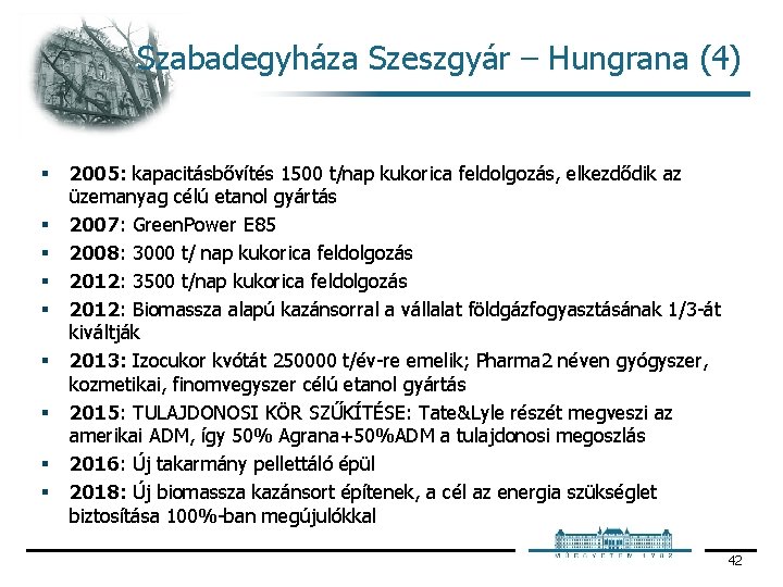 Szabadegyháza Szeszgyár – Hungrana (4) § § § § § 2005: kapacitásbővítés 1500 t/nap Szabadegyháza Szeszgyár – Hungrana (4) § § § § § 2005: kapacitásbővítés 1500 t/nap