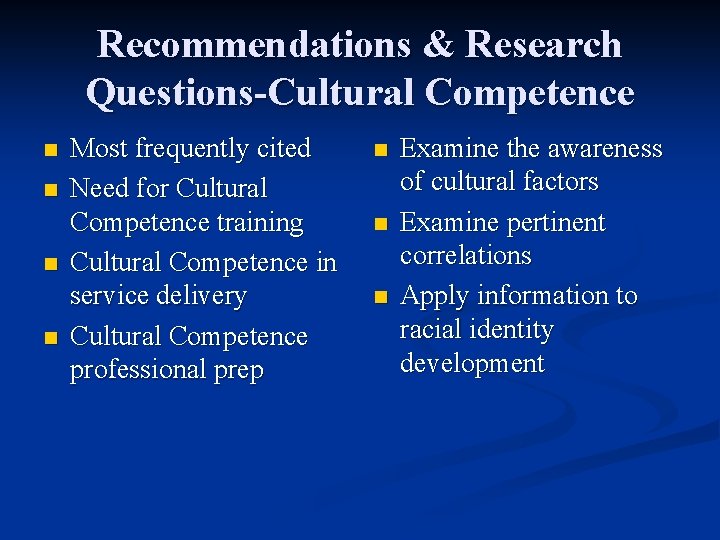 Recommendations & Research Questions-Cultural Competence n n Most frequently cited Need for Cultural Competence