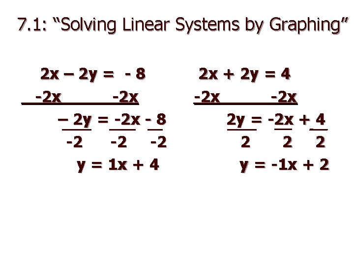7. 1: “Solving Linear Systems by Graphing” 2 x – 2 y = - 7. 1: “Solving Linear Systems by Graphing” 2 x – 2 y = -