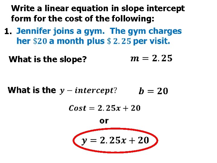 Write a linear equation in slope intercept form for the cost of the following: