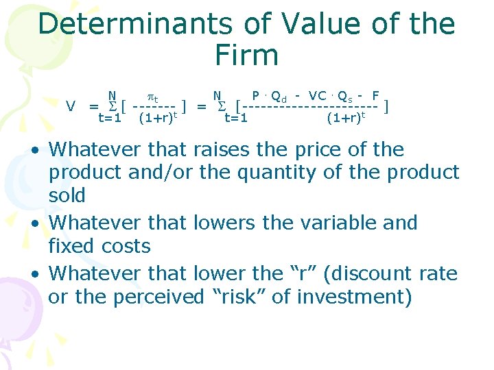 Determinants of Value of the Firm N t N P. Qd - VC. Qs