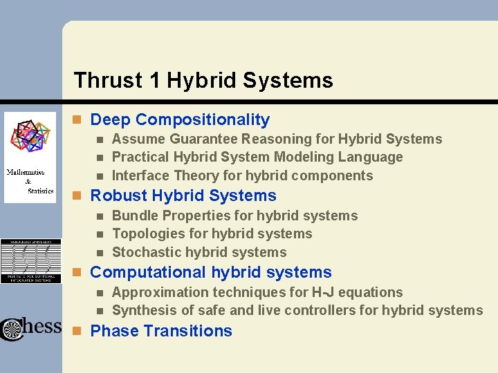 Thrust 1 Hybrid Systems n Deep Compositionality n Assume Guarantee Reasoning for Hybrid Systems Thrust 1 Hybrid Systems n Deep Compositionality n Assume Guarantee Reasoning for Hybrid Systems