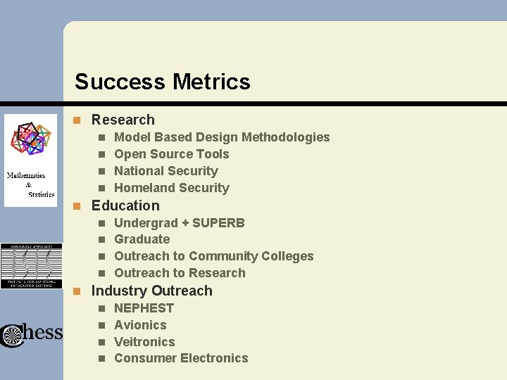 Success Metrics n Research n Model Based Design Methodologies n Open Source Tools n Success Metrics n Research n Model Based Design Methodologies n Open Source Tools n