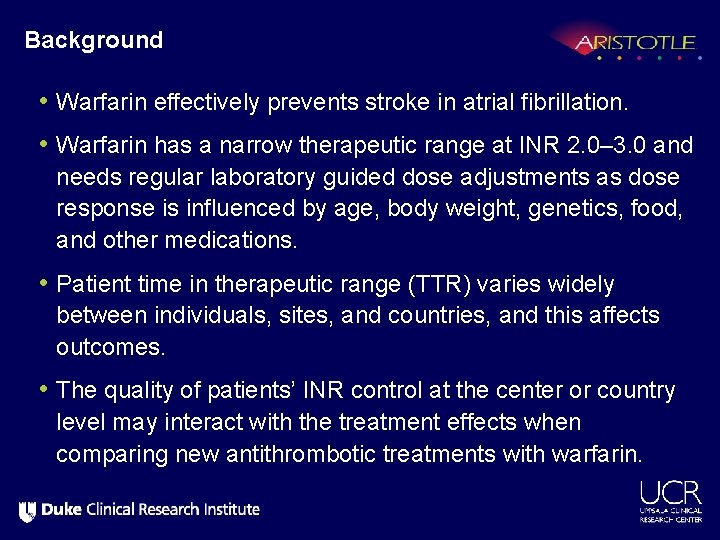 Background • Warfarin effectively prevents stroke in atrial fibrillation. • Warfarin has a narrow