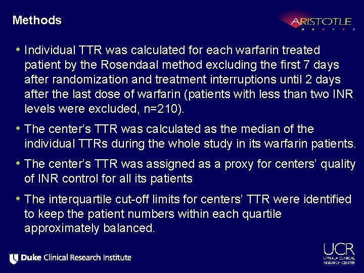 Methods • Individual TTR was calculated for each warfarin treated patient by the Rosendaal