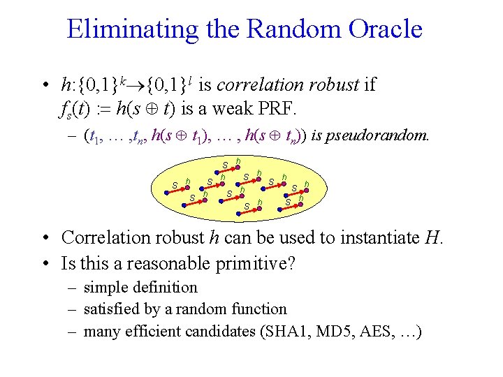 Eliminating the Random Oracle • h: {0, 1}k {0, 1}l is correlation robust if