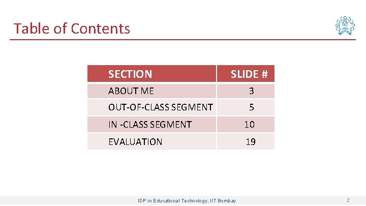 Table of Contents SECTION SLIDE # ABOUT ME 3 OUT-OF-CLASS SEGMENT 5 IN -CLASS