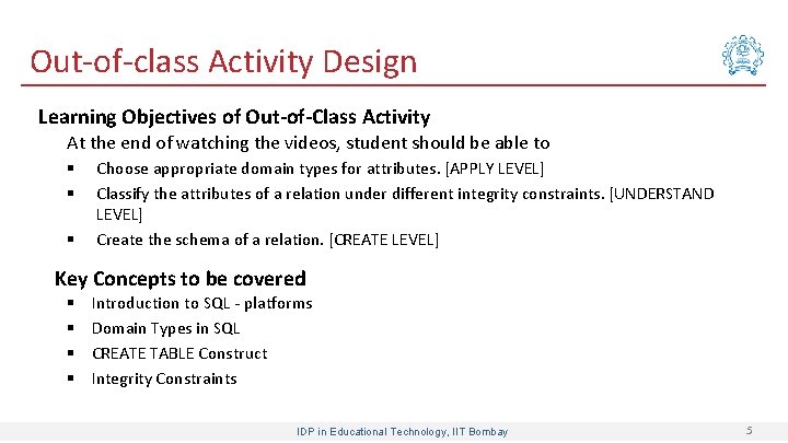 Out-of-class Activity Design Learning Objectives of Out-of-Class Activity At the end of watching the