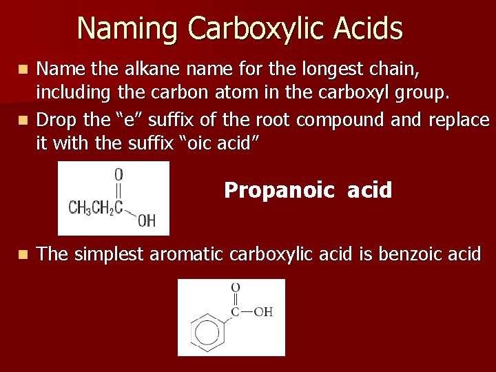 Naming Carboxylic Acids Name the alkane name for the longest chain, including the carbon