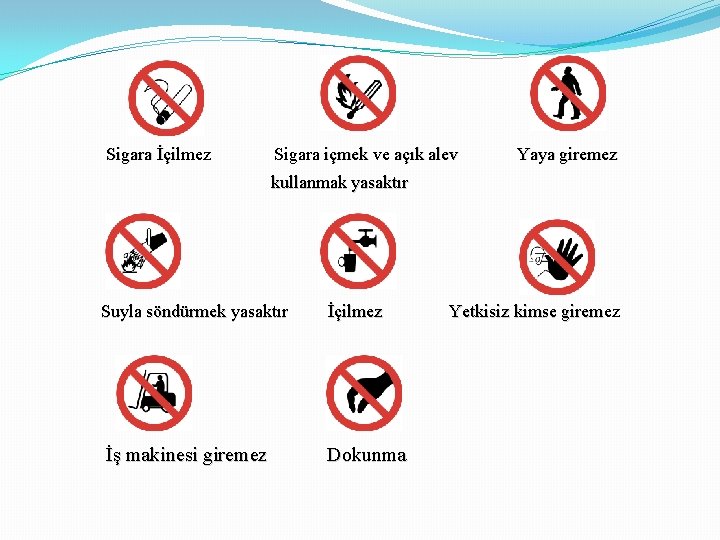 Sigara İçilmez Sigara içmek ve açık alev Yaya giremez kullanmak yasaktır Suyla söndürmek yasaktır