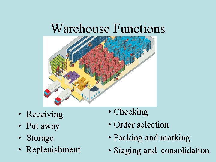 Warehouse Functions • • Receiving Put away Storage Replenishment • Checking • Order selection
