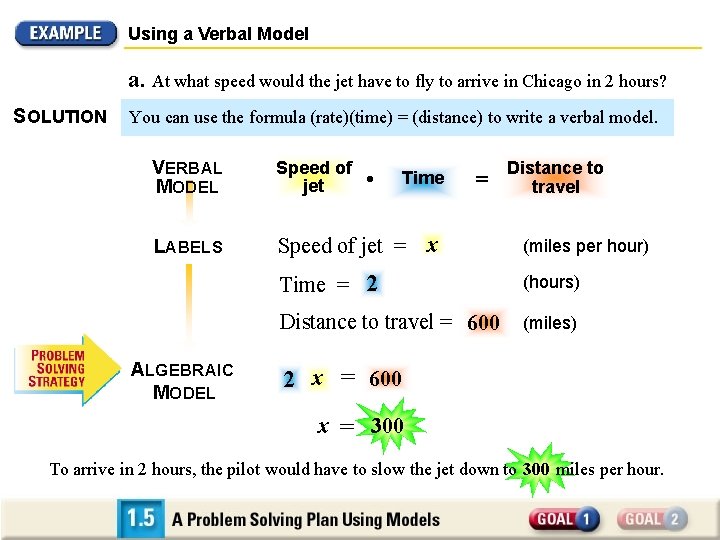 Using a Verbal Model a. At what speed would the jet have to fly