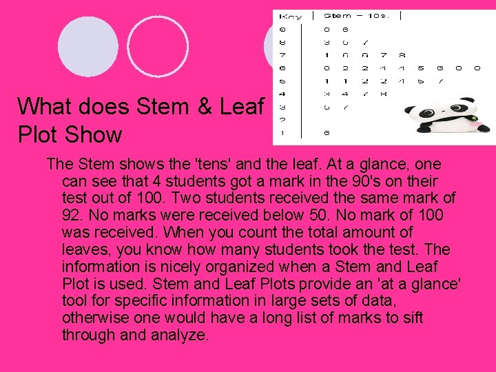 What does Stem & Leaf Plot Show The Stem shows the 'tens' and the