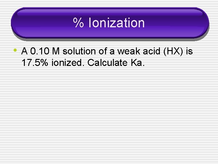 % Ionization • A 0. 10 M solution of a weak acid (HX) is