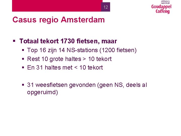 12 Casus regio Amsterdam § Totaal tekort 1730 fietsen, maar § Top 16 zijn