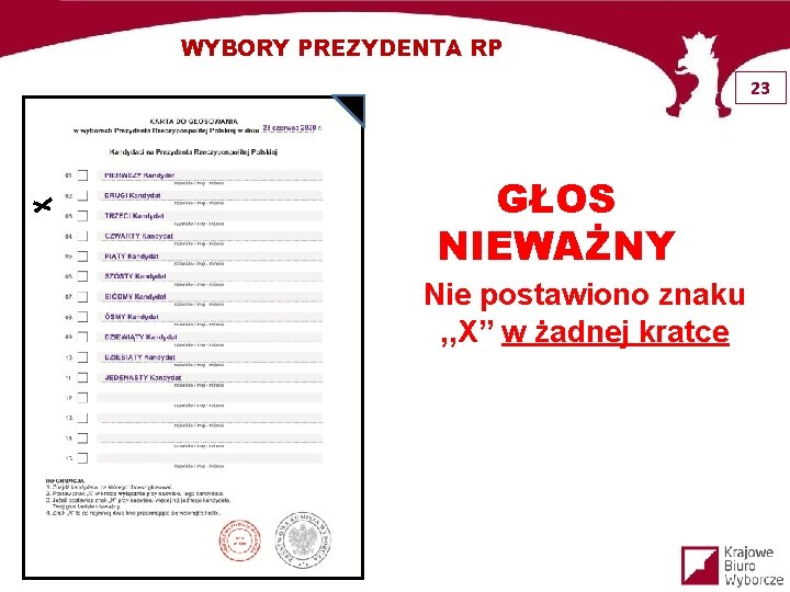 WYBORY PREZYDENTA RP 23 GŁOS NIEWAŻNY Nie postawiono znaku , , X” w żadnej