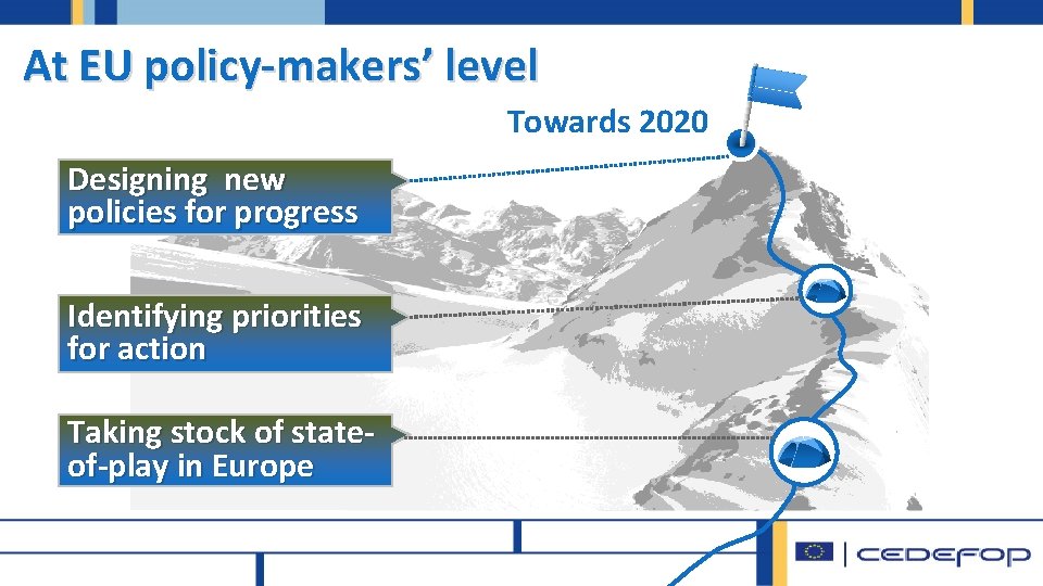 At EU policy-makers’ level Towards 2020 Designing new policies for progress Identifying priorities for