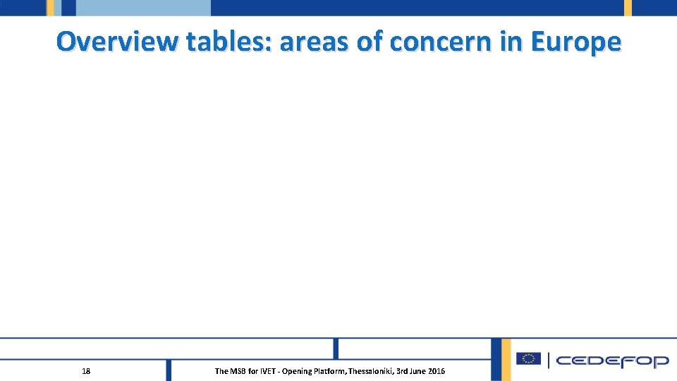 Overview tables: areas of concern in Europe 18 The MSB for IVET - Opening