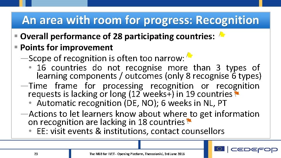 An area with room for progress: Recognition § Overall performance of 28 participating countries: