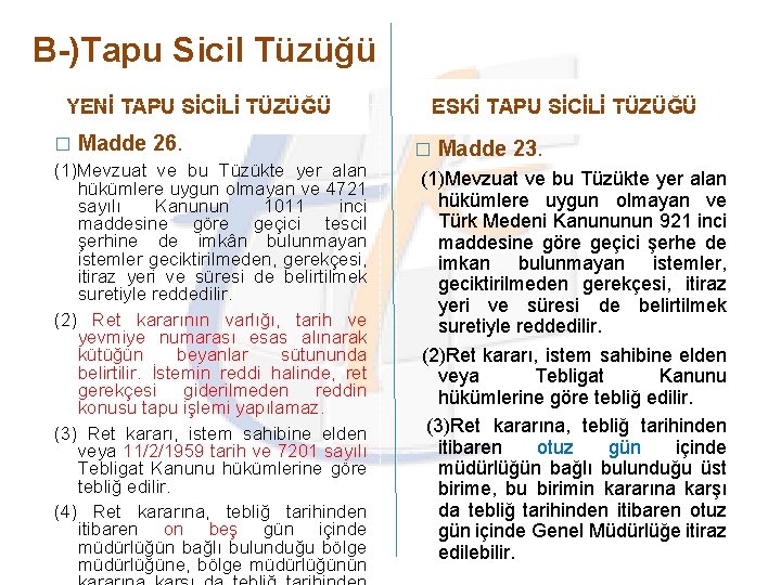 B-)Tapu Sicil Tüzüğü YENİ TAPU SİCİLİ TÜZÜĞÜ � Madde 26. (1)Mevzuat ve bu Tüzükte