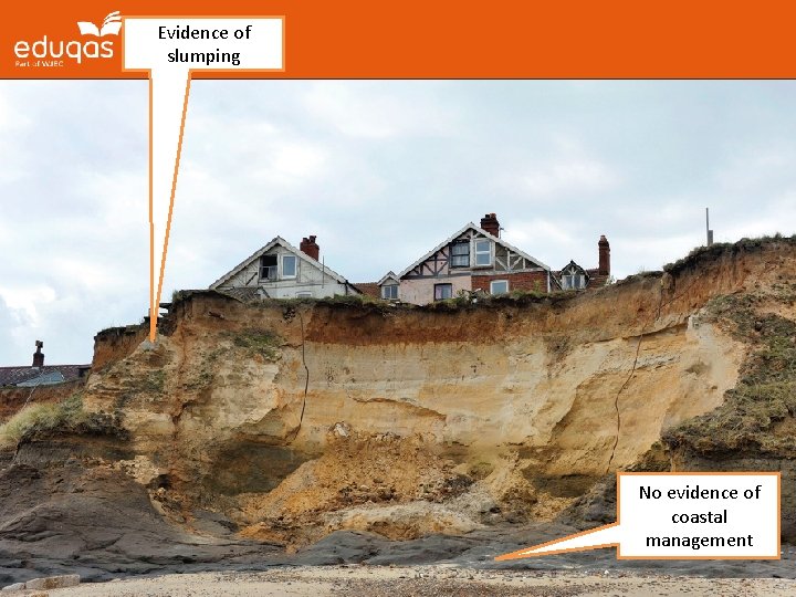 Evidence of slumping No evidence of coastal management 