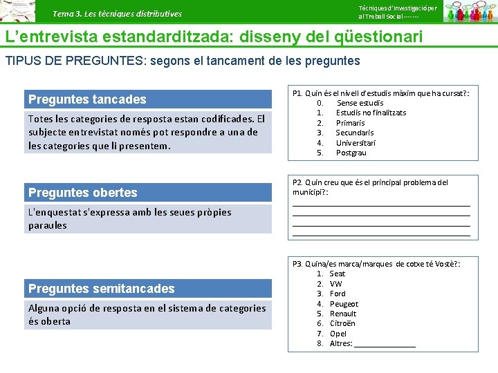 Tema 3. Les tècniques distributives Tècniques d’Investigació per al Treball Social ------- L’entrevista estandarditzada: