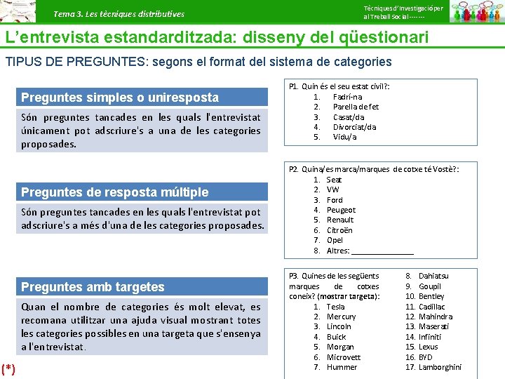 Tema 3. Les tècniques distributives Tècniques d’Investigació per al Treball Social ------- L’entrevista estandarditzada: