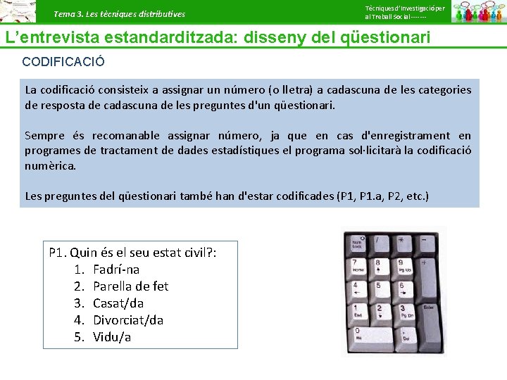 Tema 3. Les tècniques distributives Tècniques d’Investigació per al Treball Social ------- L’entrevista estandarditzada: