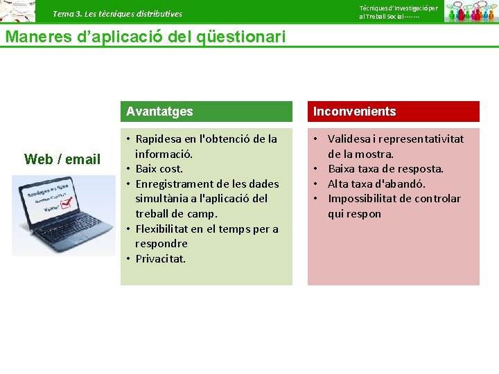 Tema 3. Les tècniques distributives Tècniques d’Investigació per al Treball Social ------- Maneres d’aplicació