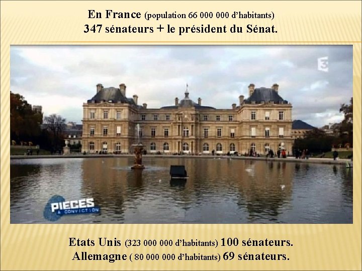 En France (population 66 000 d’habitants) 347 sénateurs + le président du Sénat. Etats