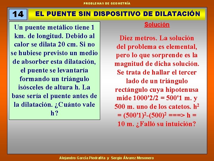 PROBLEMAS DE GEOMETRÍA 14 EL PUENTE SIN DISPOSITIVO DE DILATACIÓN Un puente metálico tiene