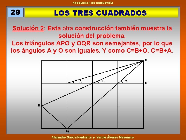 PROBLEMAS DE GEOMETRÍA 29 LOS TRES CUADRADOS. Solución 2: Esta otra construcción también muestra