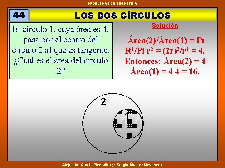 PROBLEMAS DE GEOMETRÍA 44 LOS DOS CÍRCULOS El círculo 1, cuya área es 4,